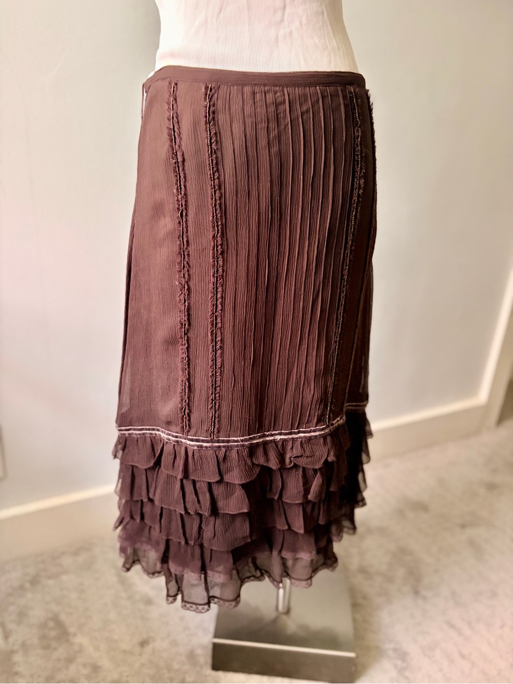 Zara Woman Brown Silk Pleated Ruffle Midi Skirt